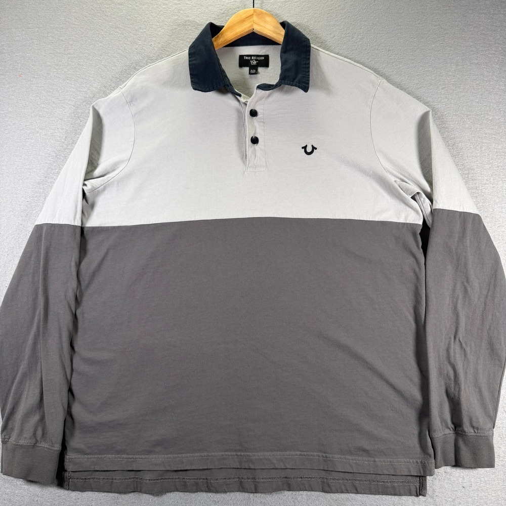 True Religion Colorblock Long Sleeve Rugby Shirt Men's XL‎ Tall Gray White Logo